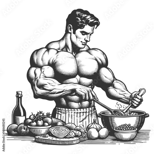 muscular man preparing a meal, symbolizing fitness, healthy eating, strength, and balanced nutrition sketch engraving generative ai vector illustration. Scratch board imitation. Black and white image.