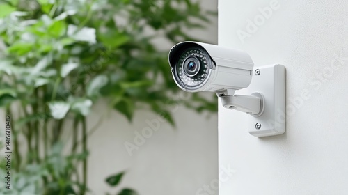 Outdoor security camera mounted on a white wall.  Surveillance equipment for home or business