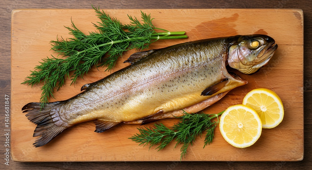 Preparing Smoked Trout with Fresh Dill and Lemon Slices on Wood Preparing Smoked Trout with Fresh Dill and Lemon Slices on Wood
