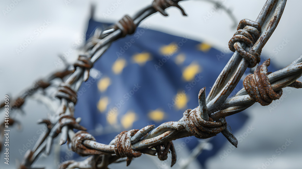 Rusty barbed wire in focus with the European Union flag blurred in the background, symbolizing barriers and divisions. Rusty barbed wire in focus with the European Union flag blurred in the background, symbolizing barriers and divisions.