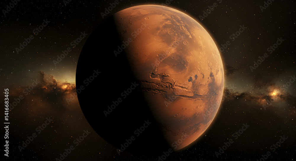 Digital Render of Mars in Deep Space with Starry Background and Warm Lighting Displaying Red Planet Surface Digital Render of Mars in Deep Space with Starry Background and Warm Lighting Displaying Red Planet Surface