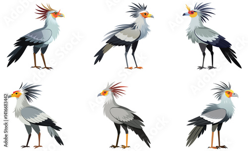 Set of Secretary bird isolated on white background
