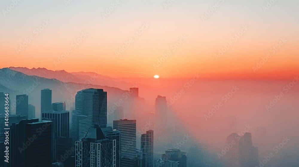 Fototapeta premium Majestic City Skyline Sunrise Hazy Mountains Urban Panorama Golden Hour