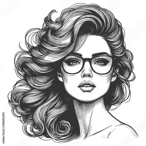 woman with large glasses and voluminous wavy hair, gazing thoughtfully sketch engraving generative ai fictional character vector illustration. Scratch board imitation. Black and white image.