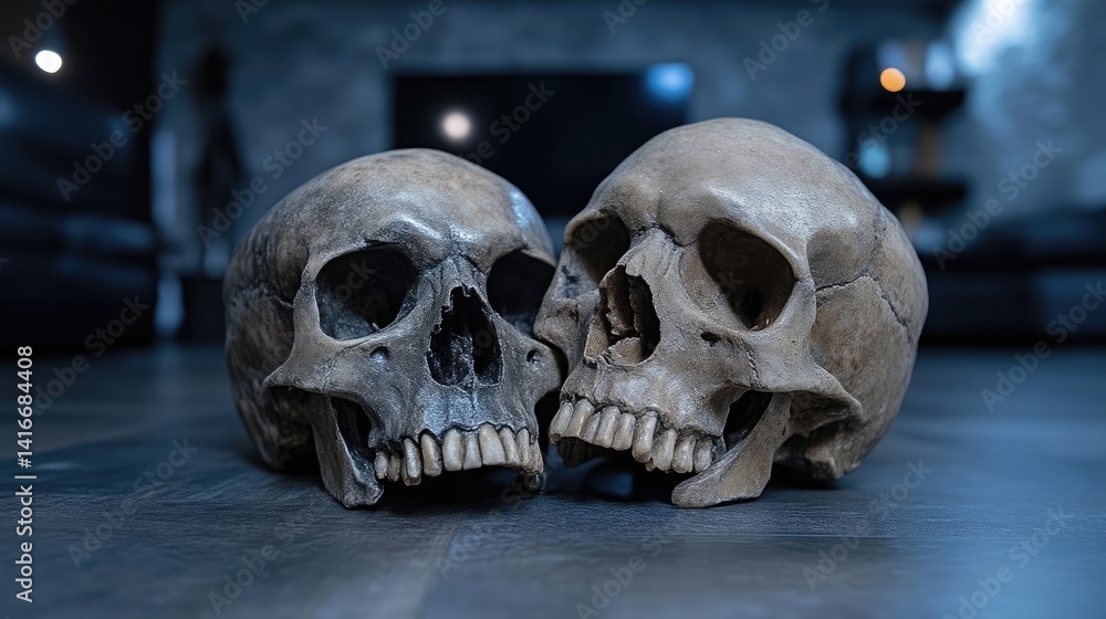 Two skulls, close together, on a floor Two skulls, close together, on a floor