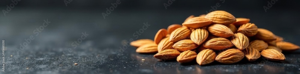 Pile of almonds on textured black surface, negative space , ingredient, design, template Pile of almonds on textured black surface, negative space , ingredient, design, template