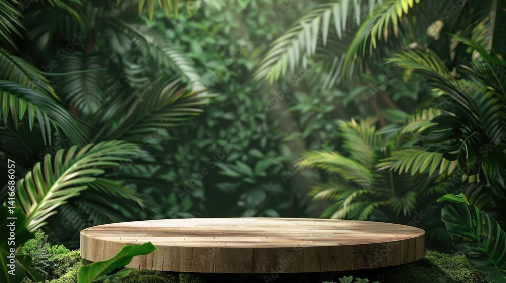 Wooden platform in a dense jungle with lush green foliage. Wooden podium with green leaves and tropical forest background. Nature background with copy space. Natural environment design. AIG51. Wooden platform in a dense jungle with lush green foliage. Wooden podium with green leaves and tropical forest background. Nature background with copy space. Natural environment design. AIG51.