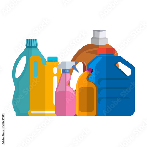 Collection of plastic bottles with detergent. Vector mockup isolated on transparent background. Stock illustration