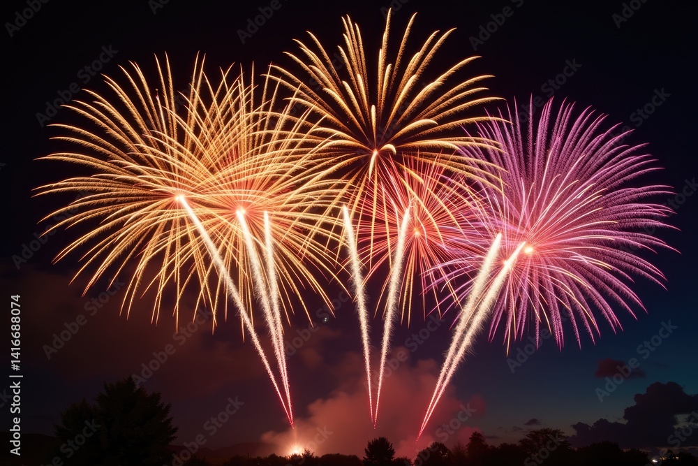 Dazzling Fireworks Display with Vibrant Purple and Gold Explosions in Night Sky Dazzling Fireworks Display with Vibrant Purple and Gold Explosions in Night Sky