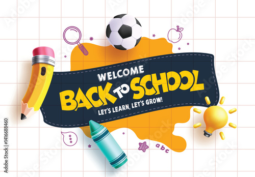 Back to school greeting clipart banner design. Welcome back to school text in rectangle shape grid yellow abstract background clip art with educational elements vector illustration.
