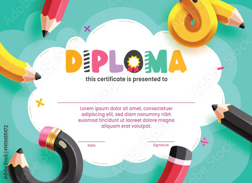 Graduation certificate clipart template design. School diploma for kindergarten and primary editable graduation template clip art with colorful educational elements in abstract background vector 