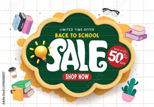Back to school sale clipart template design. School limited time offer 50% shop discount clip art with sale text in cloud chalkboard grid space abstract background educational shopping advertisement 