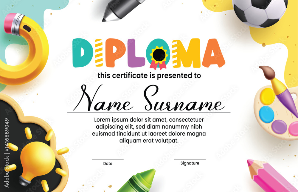 Graduation certificate clipart template design. School diploma certificate editable template clip art with educational elements frame abstract background vector illustration.
