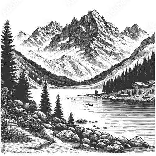 alpine cabins near a river, surrounded by pine forests and majestic mountain peaks sketch engraving generative ai fictional character vector illustration. Scratch board imitation. Black and white.