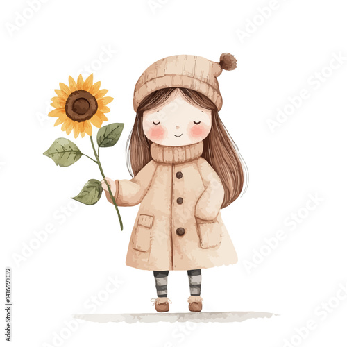 Girl with Sunflower: A charming watercolor illustration depicts a sweet young girl holding a vibrant sunflower, radiating warmth and the gentle beauty of nature.