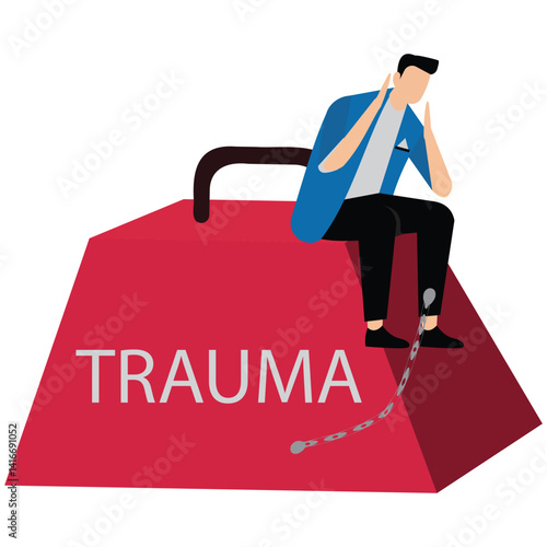 A man chained to a burden of trauma. Psychological burden, alone in pain and suffering. Trauma as a heavy weight in life