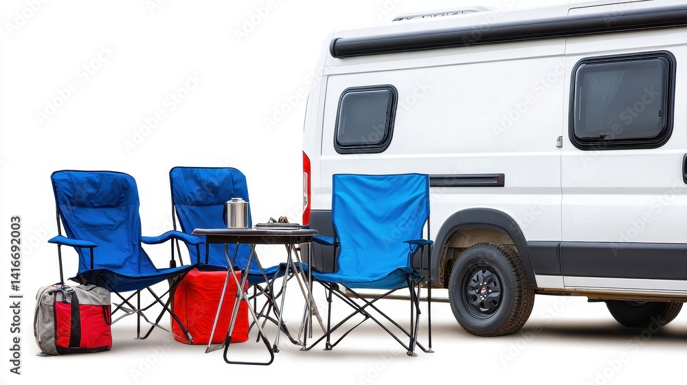 A cozy outdoor camping setup featuring blue chairs and a table beside a camper van
