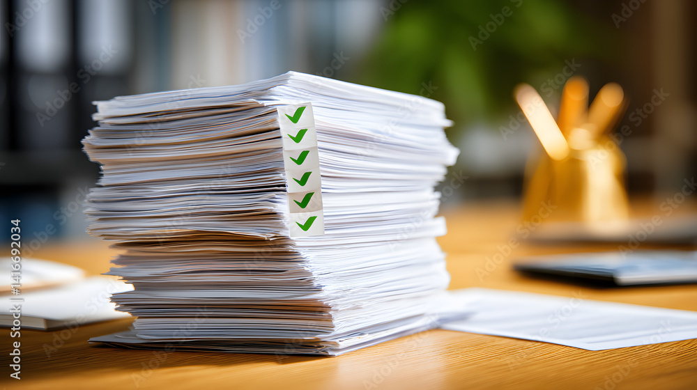 Naklejka premium A close-up of a tall stack of organized paperwork with checkmarks, symbolizing productivity and completion in a bright office setting.