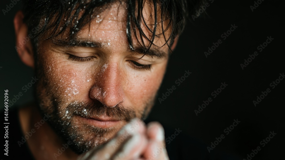 Obraz premium Gritty Man Washing Hands Closeup Portrait Dust Sweat Powerful Masculine