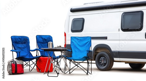 Obraz na płótnie A cozy outdoor camping setup featuring blue chairs and a table beside a camper van w salonie