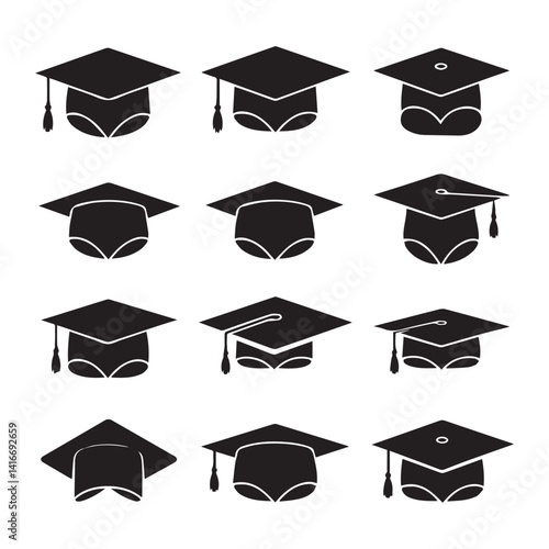 vector icon set showcases graduation cap icons, representing academic achievement and the completion of studies at a school, college, or university, often associated with a diploma and tassel