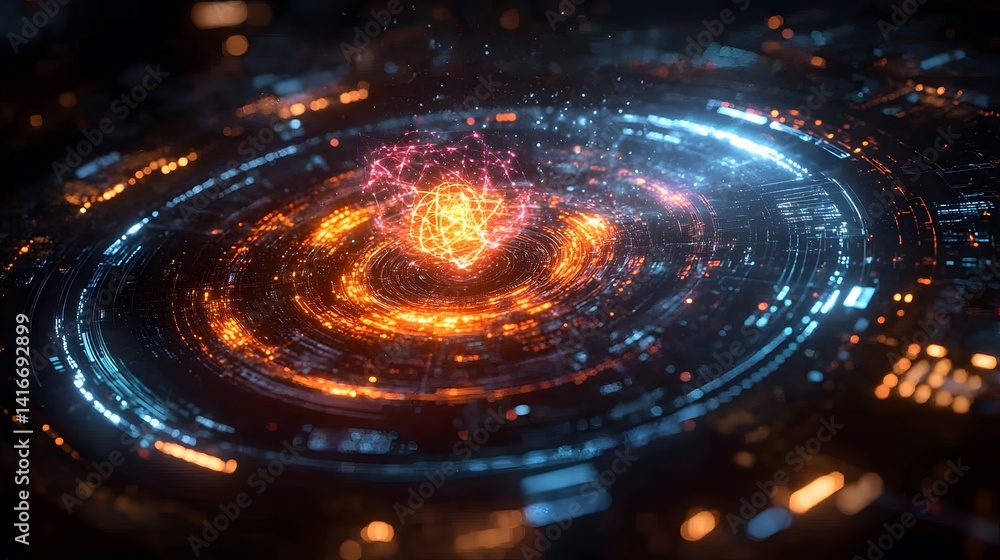 Abstract digital rendering of a swirling energy core within a technological interface. Abstract digital rendering of a swirling energy core within a technological interface.