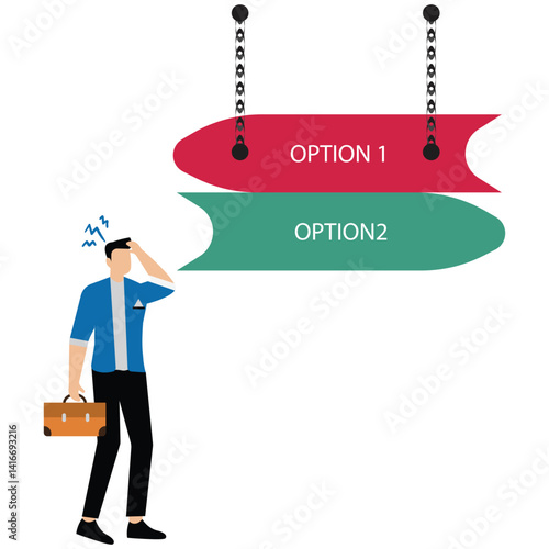 A businessman in doubt, having to choose between two different choices indicated by path pointing in opposite direction