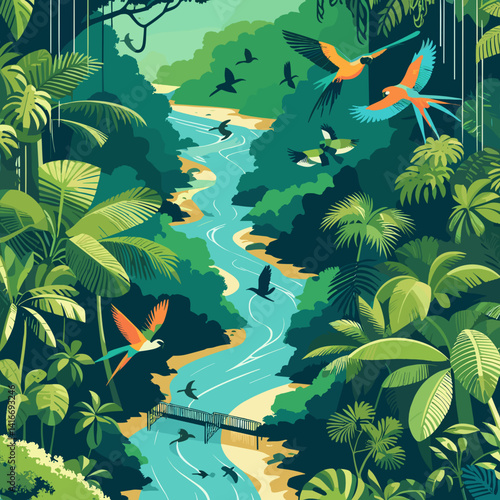 Flat vector drawing of the Amazon rainforest with exotic birds and rivers, bright green tones, layered composition from top to bottom