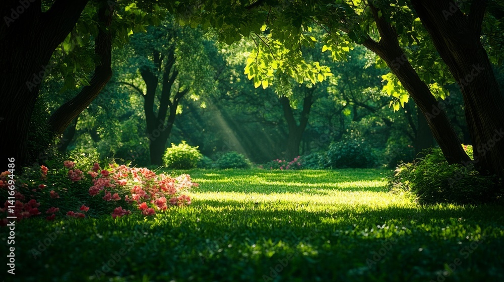 Obraz premium Sunlit Forest Path with Lush Greenery and Pink Flowers