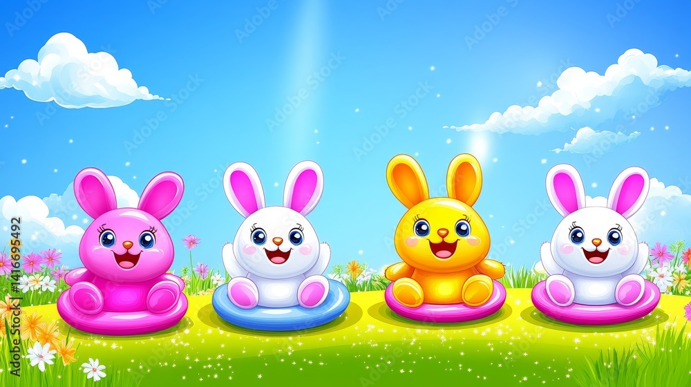 Naklejka premium Adorable cartoon bunnies sitting on colorful cushions amidst a blossoming meadow under a bright sky perfect for springtime easter themes