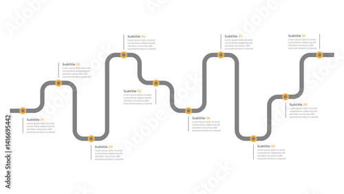 Infographic roadmap design template. Business Timeline of 10 Important Business Events annual business presentation. Vector illustration