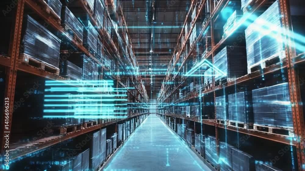 Futuristic warehouse automated with digital technology for streamlined logistics and storage