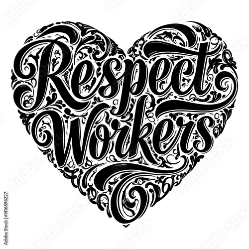Black and white stylized heart-shaped typography design featuring the phrase "Respect Workers." Ideal for social media, posters, or print ads promoting worker advocacy and support.