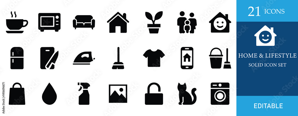 This editable solid icon set features 21 minimal home and lifestyle icons. Ideal for apps, presentations, and web design projects. Bold, clean, and perfect for modern visuals This editable solid icon set features 21 minimal home and lifestyle icons. Ideal for apps, presentations, and web design projects. Bold, clean, and perfect for modern visuals