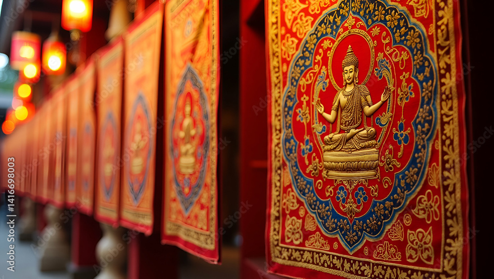 Admire refined Vesak religious banners that showcase artistic design cultural intricacy and vibrant symbolism to enhance sacred festival environments. in Photo Stock Concept and empty space on the Admire refined Vesak religious banners that showcase artistic design cultural intricacy and vibrant symbolism to enhance sacred festival environments. in Photo Stock Concept and empty space on the