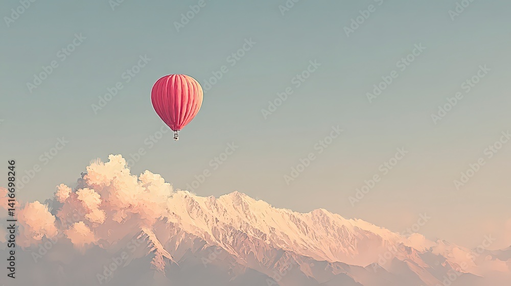 Fototapeta premium Pink Hot Air Balloon Soaring Over Majestic Mountains