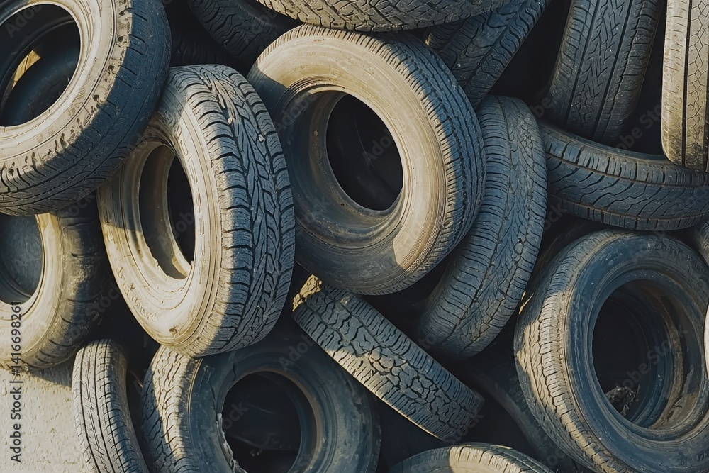 Obraz premium Piled tires. Discarded. Stacked. Gray. Circular shapes with various tread patterns visible on the rubber surfaces