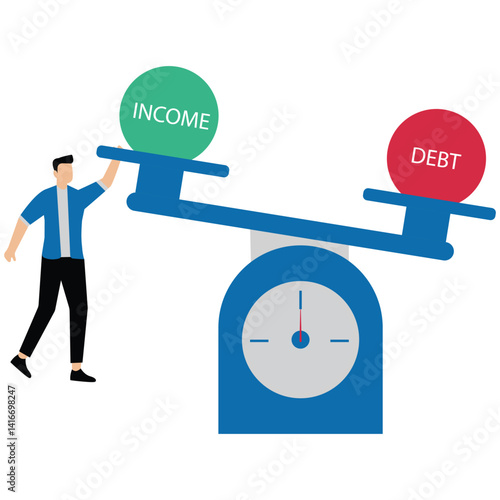 Income and debt with seesaw showing higher debt than income, businessman try to make it in balance