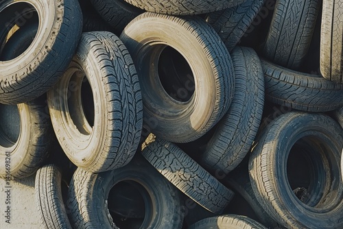 Piled tires. Discarded. Stacked. Gray. Circular shapes with various tread patterns visible on the rubber surfaces
