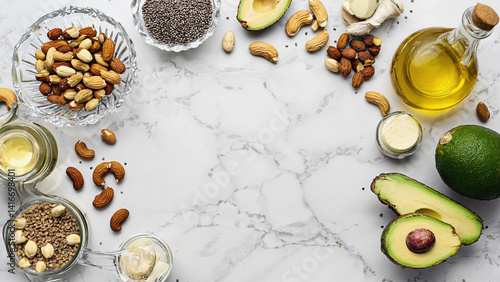 Wallpaper Mural Healthy Nutrients: A diverse array of nuts and seeds, alongside fresh avocados, and nourishing oils are artfully arranged on a marble surface. An overhead shot. Torontodigital.ca