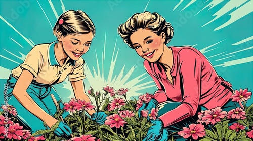 teamwork in bloom: a heartwarming poster of a son and daughter helping mom plant flowers in the garden, celebrating family bonding and appreciation for nature