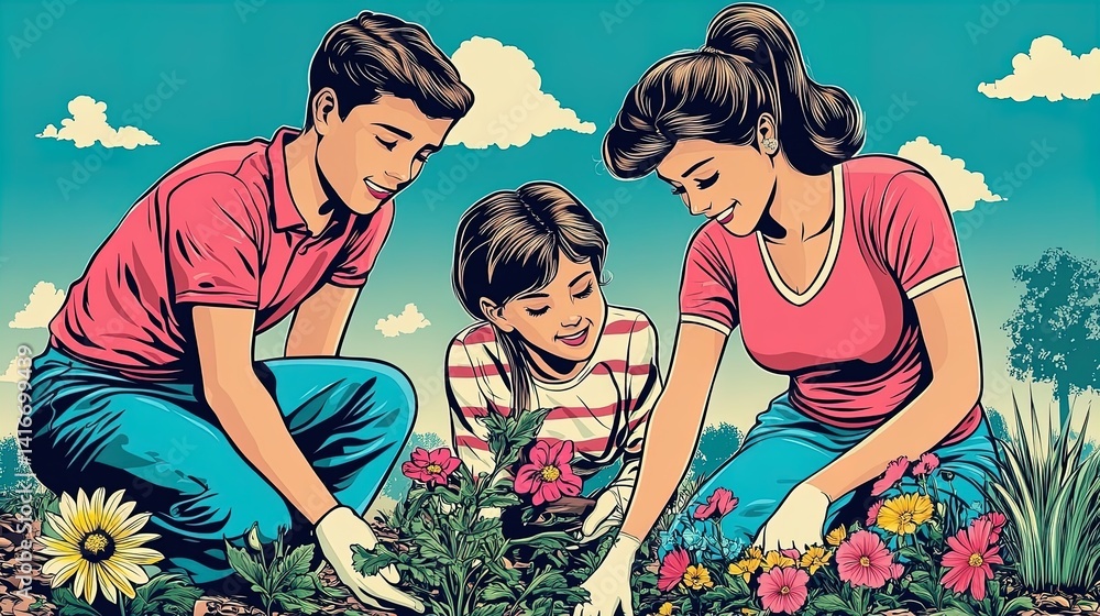 teamwork in bloom: a heartwarming poster of a son and daughter helping mom plant flowers in the garden, celebrating family bonding and appreciation for nature
