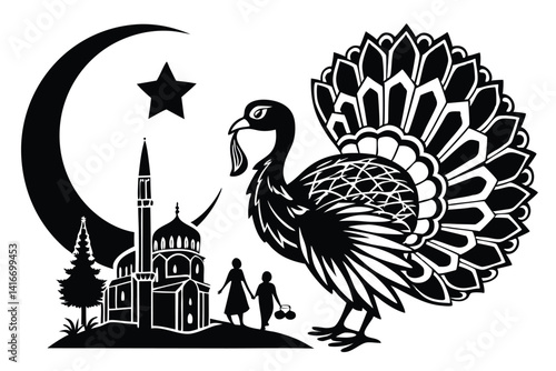 25 Black and white illustration, silhouette, turkey bird, Islamic symbols, crescent moon and star, mosque minarets, feather detail, symmetrical design, people silhouettes, village scene, contrast, int