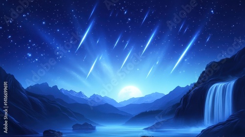 Serene night landscape with a waterfall, mountain, and shooting stars illuminating the sky
