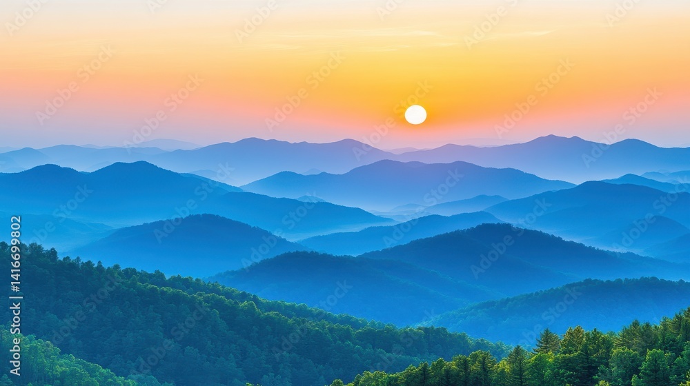 Serene Sunset Over Rolling mountain with Lush Greenery and Soft Mist in the Background