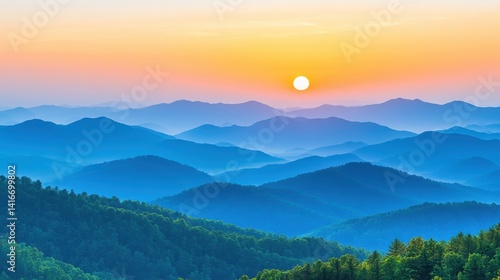 Obraz na płótnie Serene Sunset Over Rolling mountain with Lush Greenery and Soft Mist in the Background w salonie
