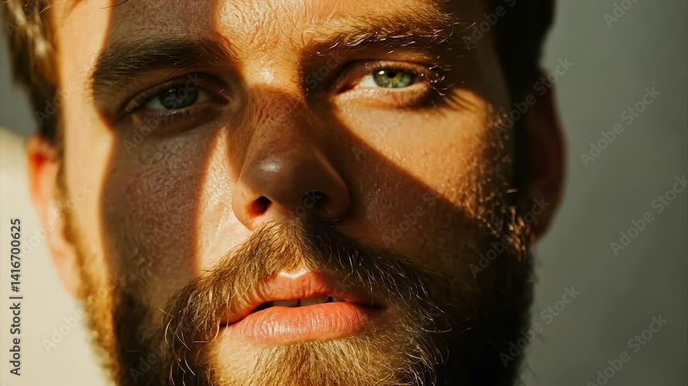 Close-up portrait of a man with a beard, sunlit face, and intense gaze Close-up portrait of a man with a beard, sunlit face, and intense gaze