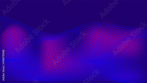 Abstract neon high tech gradient background with mesh wavy texture. Digital grid of hexagonal cells sways and glows fluorescent blue and purple from within. Vector on blue background