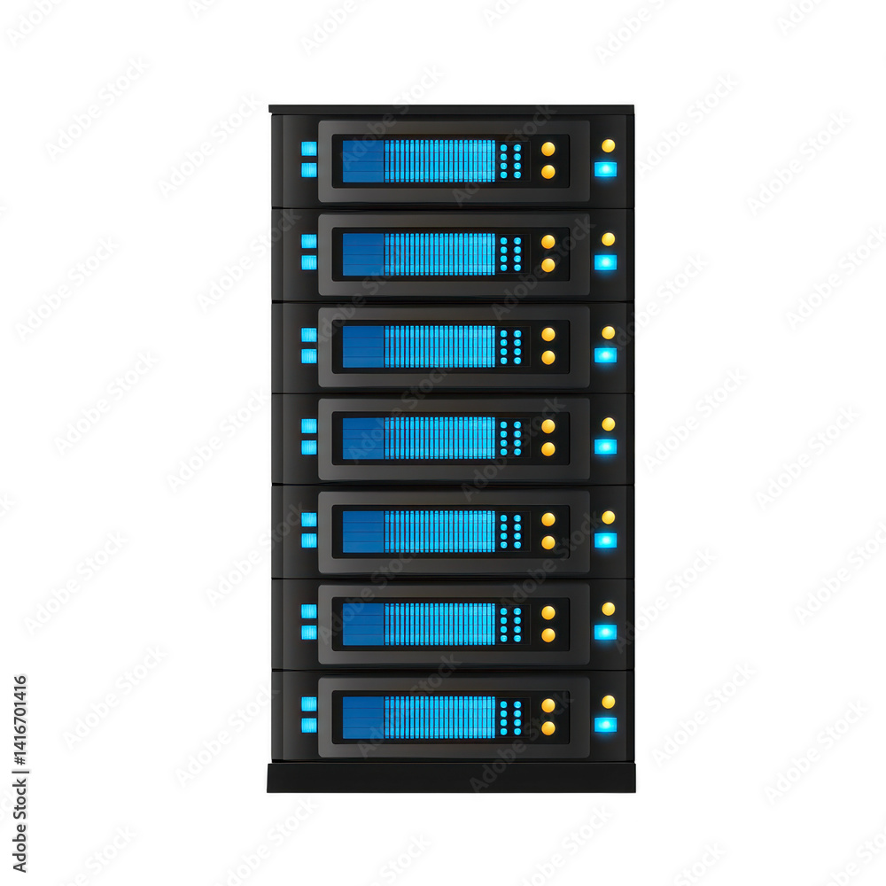 digital illustration of server rack with multiple blue lit servers, showcasing modern technology and data storage. design is sleek and futuristic, emphasizing connectivity and efficiency digital illustration of server rack with multiple blue lit servers, showcasing modern technology and data storage. design is sleek and futuristic, emphasizing connectivity and efficiency