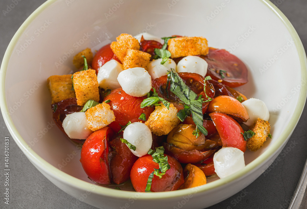 Top view of Italian Panzanella salad on grey stone table Top view of Italian Panzanella salad on grey stone table